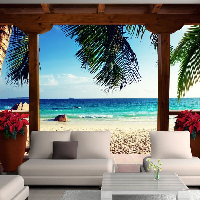 Papier peint intissé panoramique Paysage Souvenirs ensoleillés Couleur beige <span itemprop=