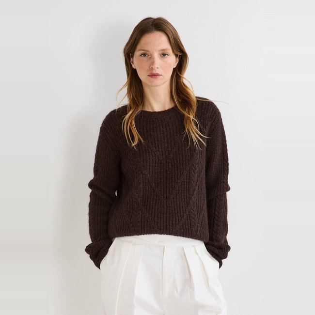 Pull col rond uni avec torsades, contenant de l'alpaga - MONOPRIX