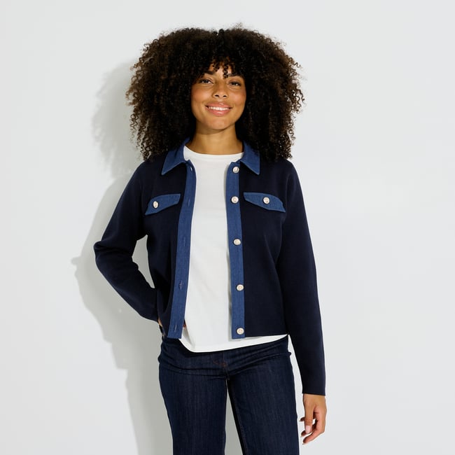 Gilet détail denim col chemise bleu marine <span itemprop=