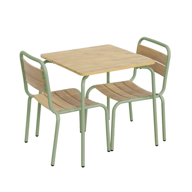 Table de jardin enfant acier et décor bois + 2 assises SUZIE 2 PLACES vert de gris <span itemprop=