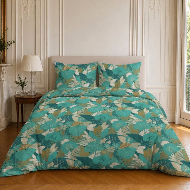 Parure de lit en microfibre motif tropical, IVY vert sauge <span itemprop=