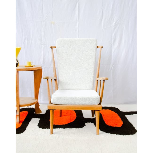 Fauteuil éventail en bois et tissu Jakob N°1442 - Bon état Couleur bois clair <span itemprop=