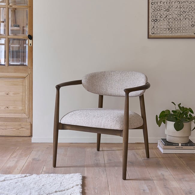 Fauteuil en bois et tissu texturé  CÔME Couleur beige chiné <span itemprop=