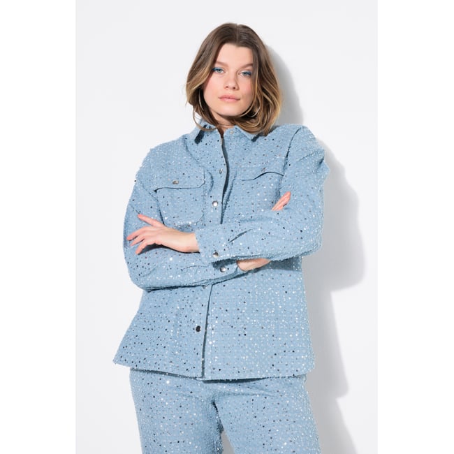 Veste-chemisier aspect jean, paillette bleu clair <span itemprop=