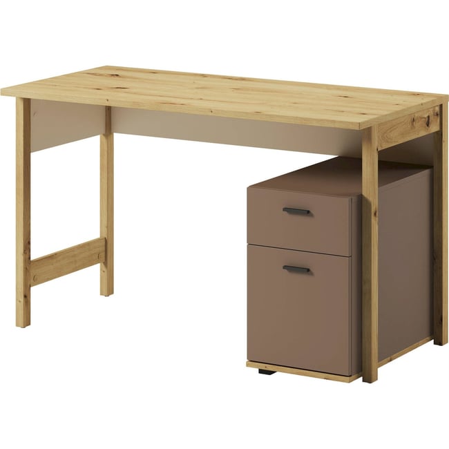 Bureau ado avec caisson intégré LENNY Couleur chêne artisan, beige et truffe <span itemprop=