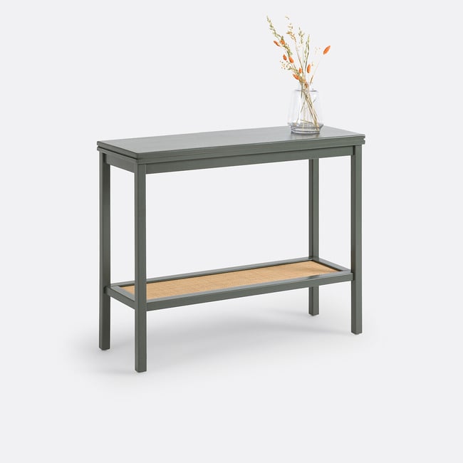 Console à double plateau, en pin massif et cannage, longueur 102 cm, GABIN  Couleur kaki foncé <span itemprop=