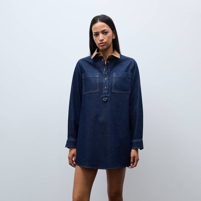 Robe courte jean col velours en coton BIO GOTS brut denim <span itemprop=