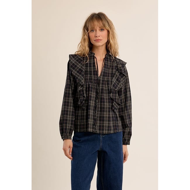 Geruite blouse met ruches <span itemprop=
