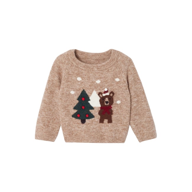 Pull Noël manches longues beige chiné <span itemprop=