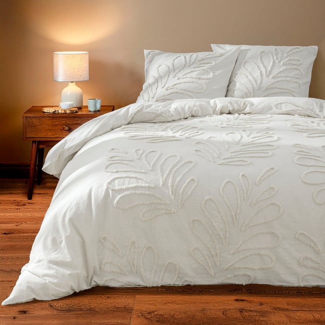 Parure de lit 3 pièces 100% coton tufté housse + taies blanc <span itemprop=