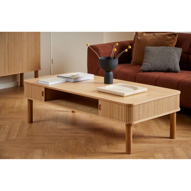 Table basse rectangulaire 3 niches de rangement L130 - GAYNEL Couleur bois clair <span itemprop=