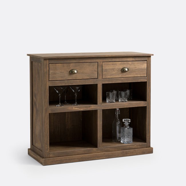 Bar 2 tiroirs pin massif, Lunja ciré naturel <span itemprop=
