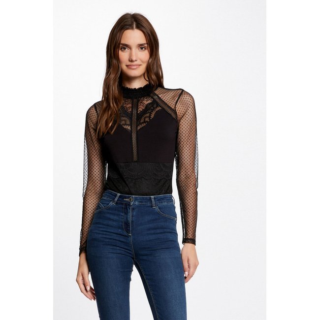 T-shirt manches longues à plumetis noir <span itemprop=