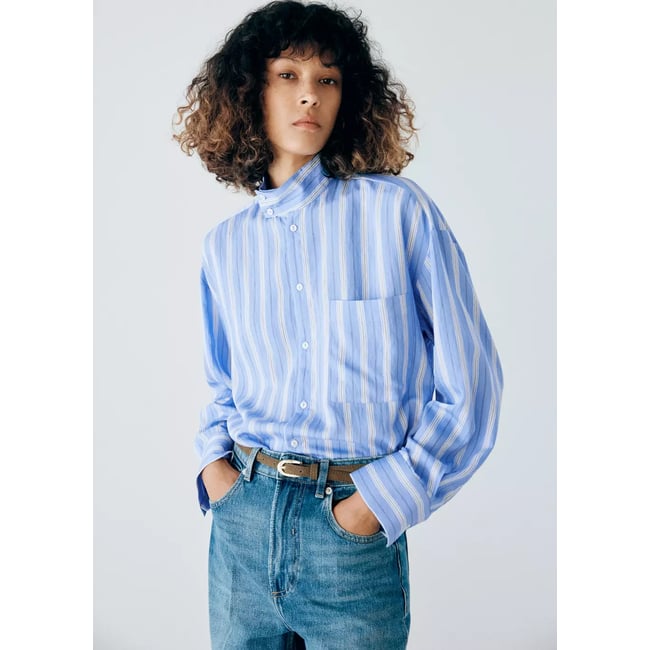 Chemise à rayures col montant bleu <span itemprop=