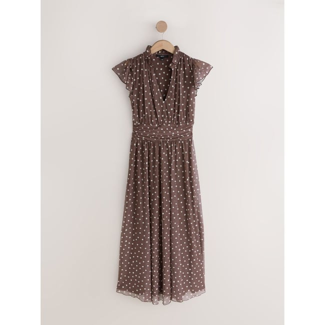 Robe longue imprimée à col v en tulle plissée tache brun chocolat <span itemprop=