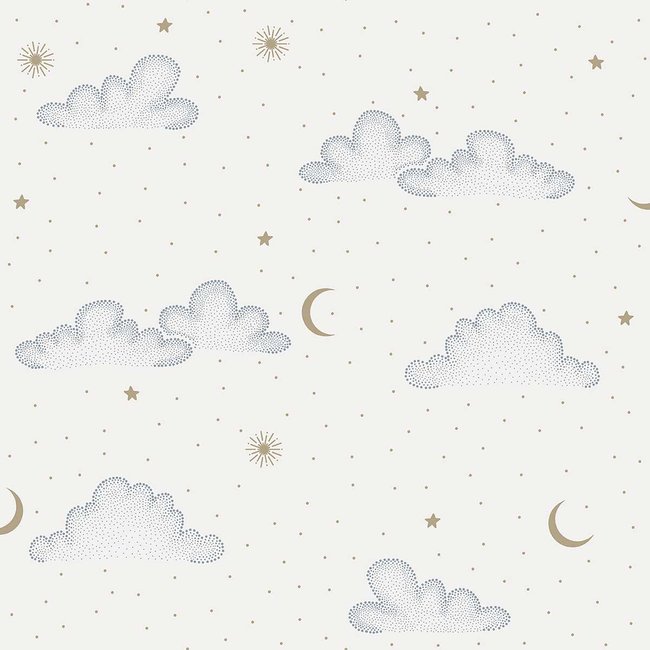 Papier peint nuages étoiles lune fond crème Couleur bleu <span itemprop=