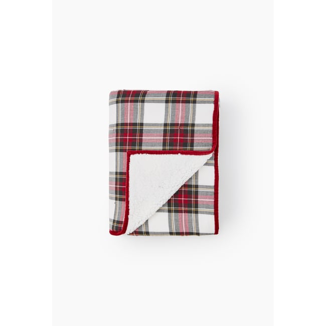 Plaid tartan doublé sherpa, 130x170cm, coton rouge <span itemprop=