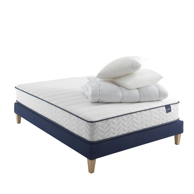 Ensemble matelas ressorts, sommier, pieds, couette et oreiller Rêve 300 Couleur blanc <span itemprop=