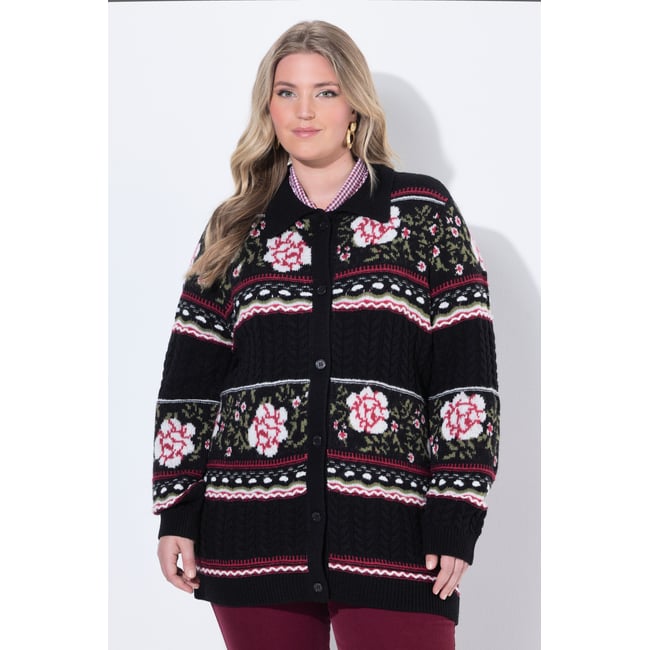 Cardigan motif rayures et fleurs noir <span itemprop=