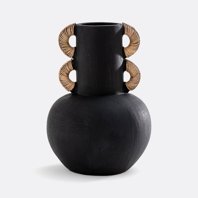 Vase décoratif en céramique et rotin H41,5 cm Kuro Couleur noir <span itemprop=