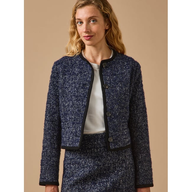 Veste sans col tweed marine <span itemprop=