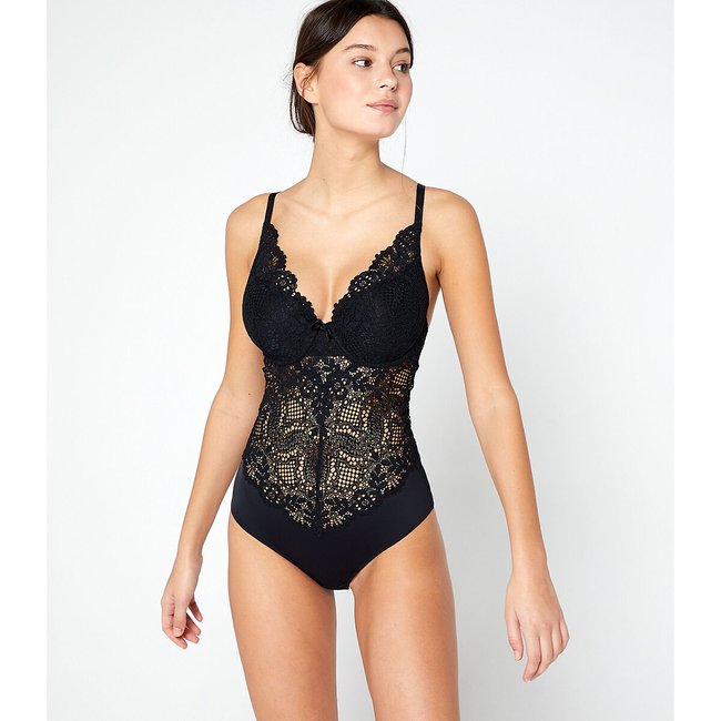 Success Lace Bodysuit with Open Back, black, ETAM