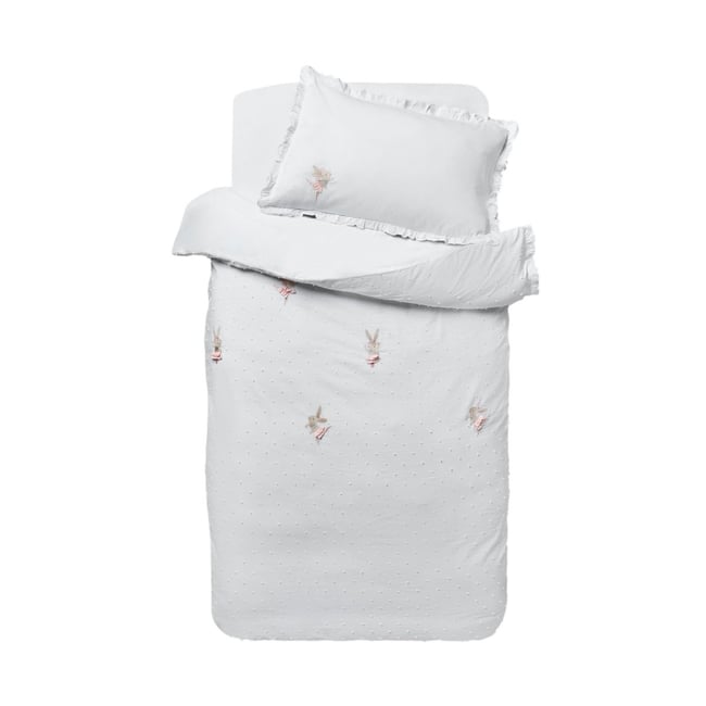 Parure de lit coton à lapins brodés blanc <span itemprop=