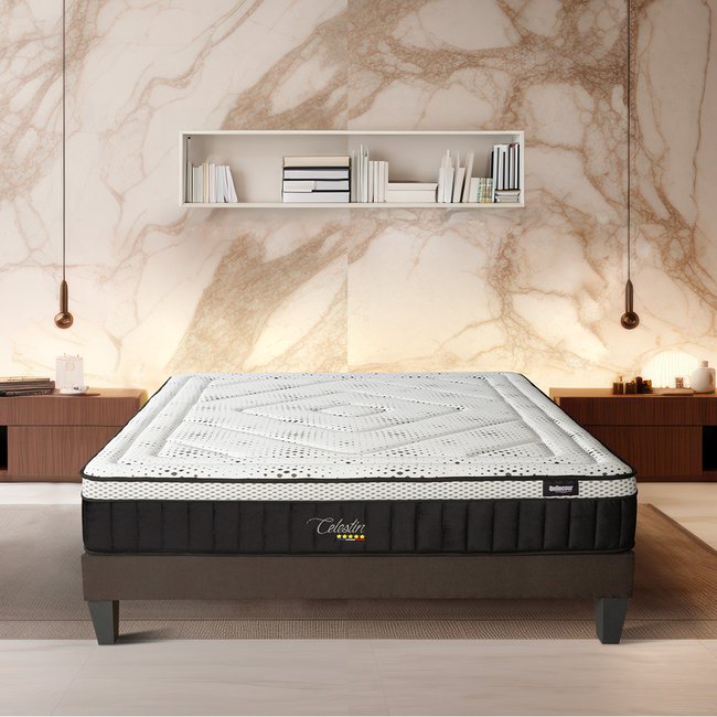 Ensemble Matelas Mémoire de forme + Sommier Bois CELESTIN 2.0 Couleur blanc <span itemprop=