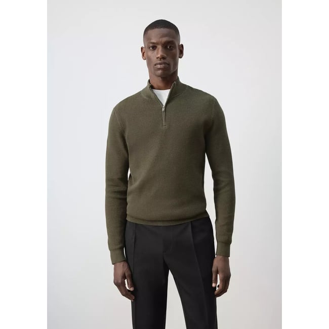 Pull-over maille fine fermeture Éclair olive <span itemprop=
