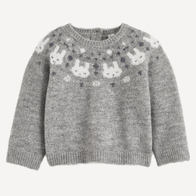 Pull col rond, en grosse maille, motif jacquard, boutonné au dos gris <span itemprop=