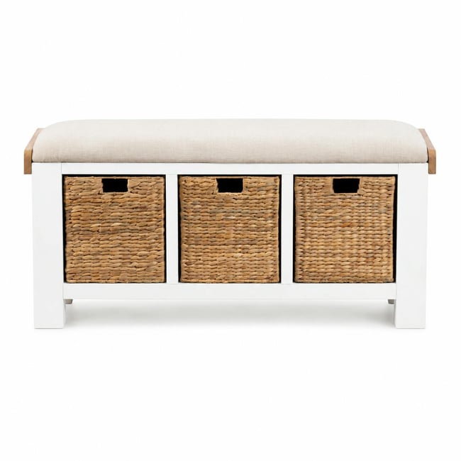 Banc d'entrée blanc coussin d'assise et paniers rangement VELIA Couleur blanc <span itemprop=