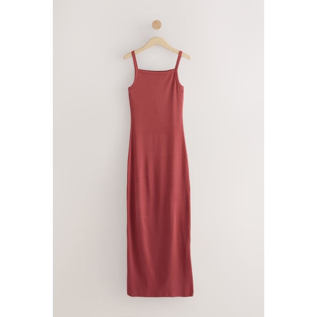 Robe longue côtelée à bretelles rouge rouille <span itemprop=