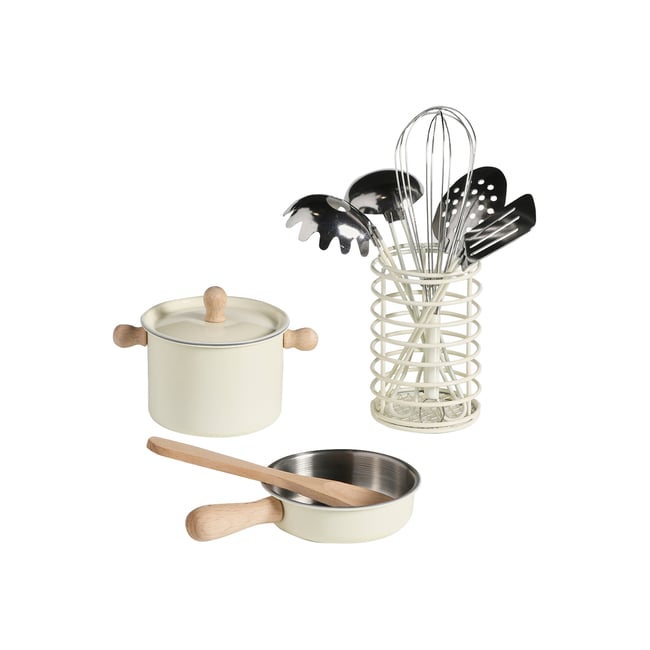 Set de cuisine en métal et bois FSC® écru <span itemprop=