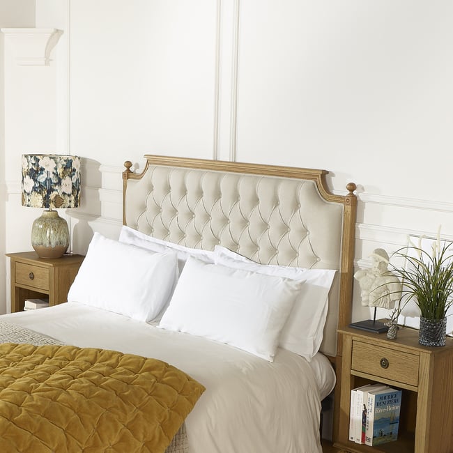 Tête de lit 160 cm style shabby chic en chêne et lin VENICE Couleur ficelle <span itemprop=