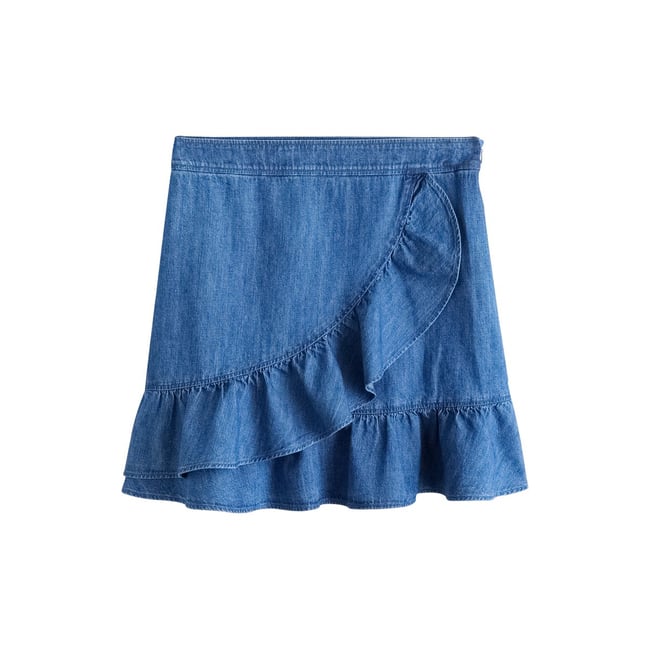 Mini jupe en jean à volants bleu moyen <span itemprop=