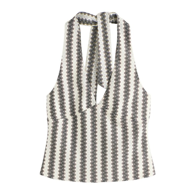 Top sans manches dos nu effet maille rayure noir/écru <span itemprop=