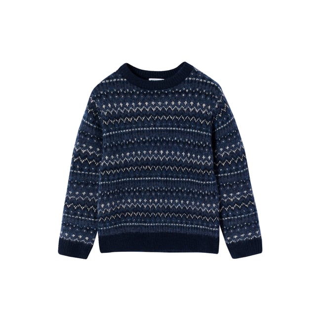 Pull jacquard col rond marine <span itemprop=