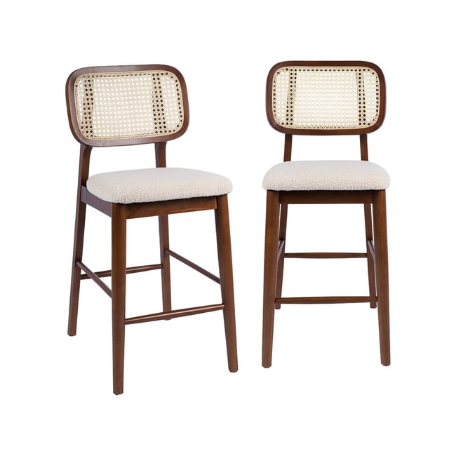 Tabouret de bar bois d'hévéa cannage et bouclette 66,5cm (lot de 2) MANI Couleur noyer <span itemprop=