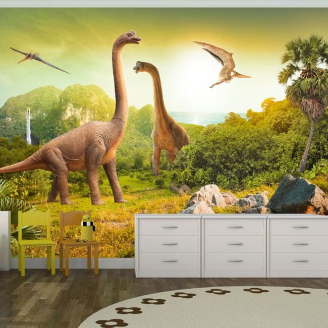 Papier peint intissé panoramique Pour enfants Dinosaurs Couleur beige <span itemprop=