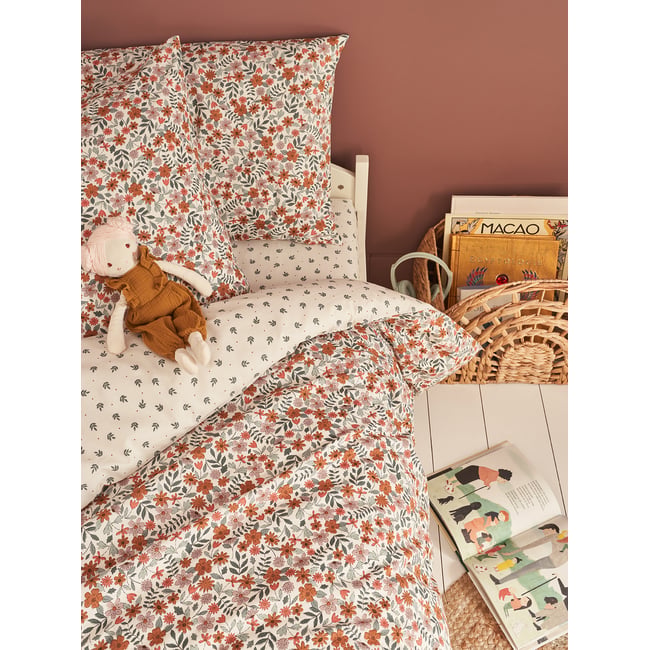 Parure housse de couette et taie d'oreiller réversible RETRO FLOWERS, avec coton recyclé multicolore <span itemprop=