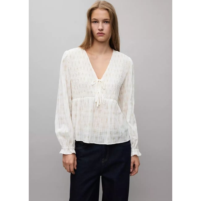 Chemise 100 % coton froncé blanc cassé <span itemprop=