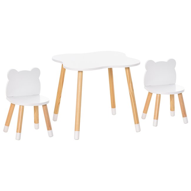 Ensemble table et chaises enfant design scandinave motif ourson blanc bois pin blanc <span itemprop=