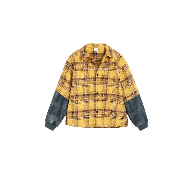 Chemise à carreaux manches contrastées jaune <span itemprop=