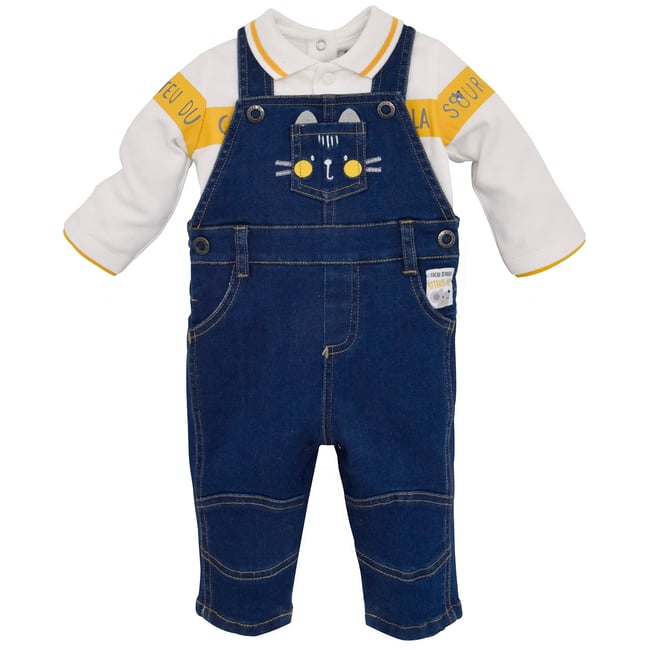 Salopette jean bebe + t-shirt bleu <span itemprop=