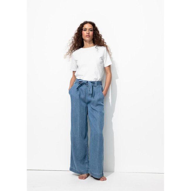 Pantalon large taille haute jean moyen <span itemprop=