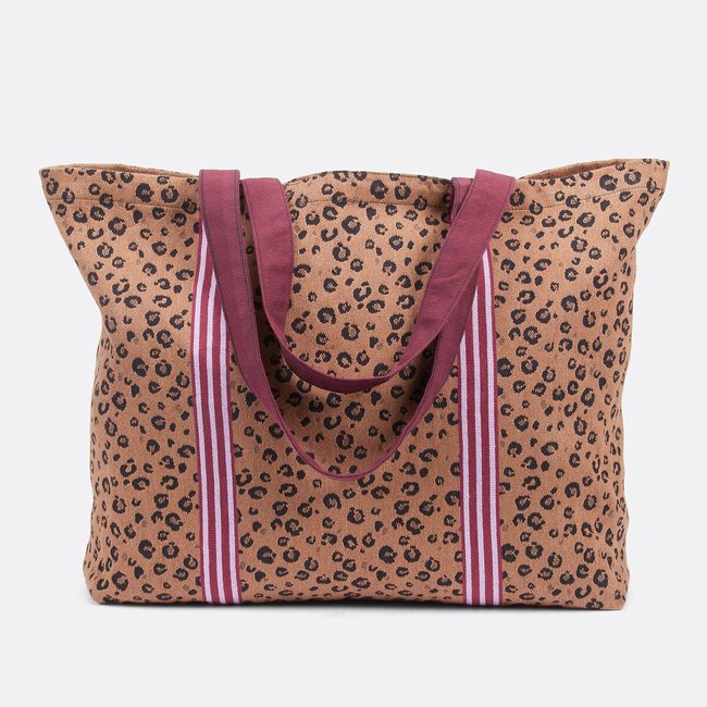 Tote Bag solidario, estampado de leopardo con asas a rayas - Día de la Mujer estampado fondo marrón <span itemprop=