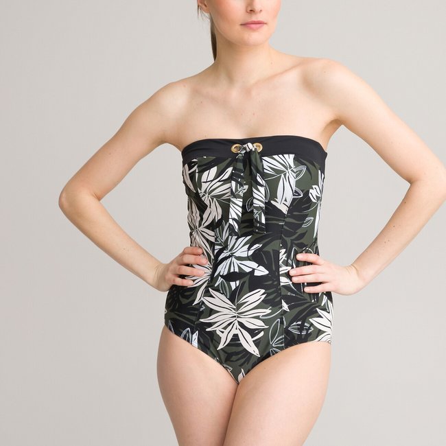 Costume intero bustier, effetto ventre piatto fantasia foglie ANNE WEYBURN