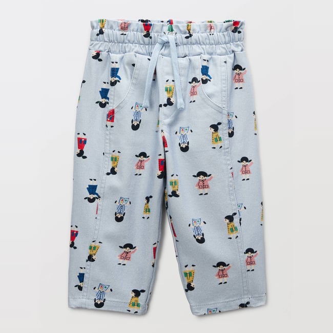 Pantalon taille élastique imprimé en coton celeste <span itemprop=