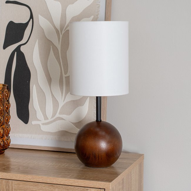 Walnut Wood Ball Table Lamp with Tall Linen Shade, transparent, SO'HOME