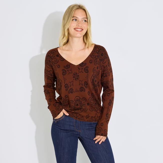 Pull en maille imprimé cachemire marron <span itemprop=